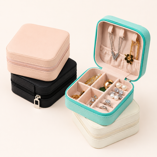 Portable Travel Jewelry Organizer Box | PU Leather Jewelry Storage Case | Ring, Earrings & Necklace Organizer
